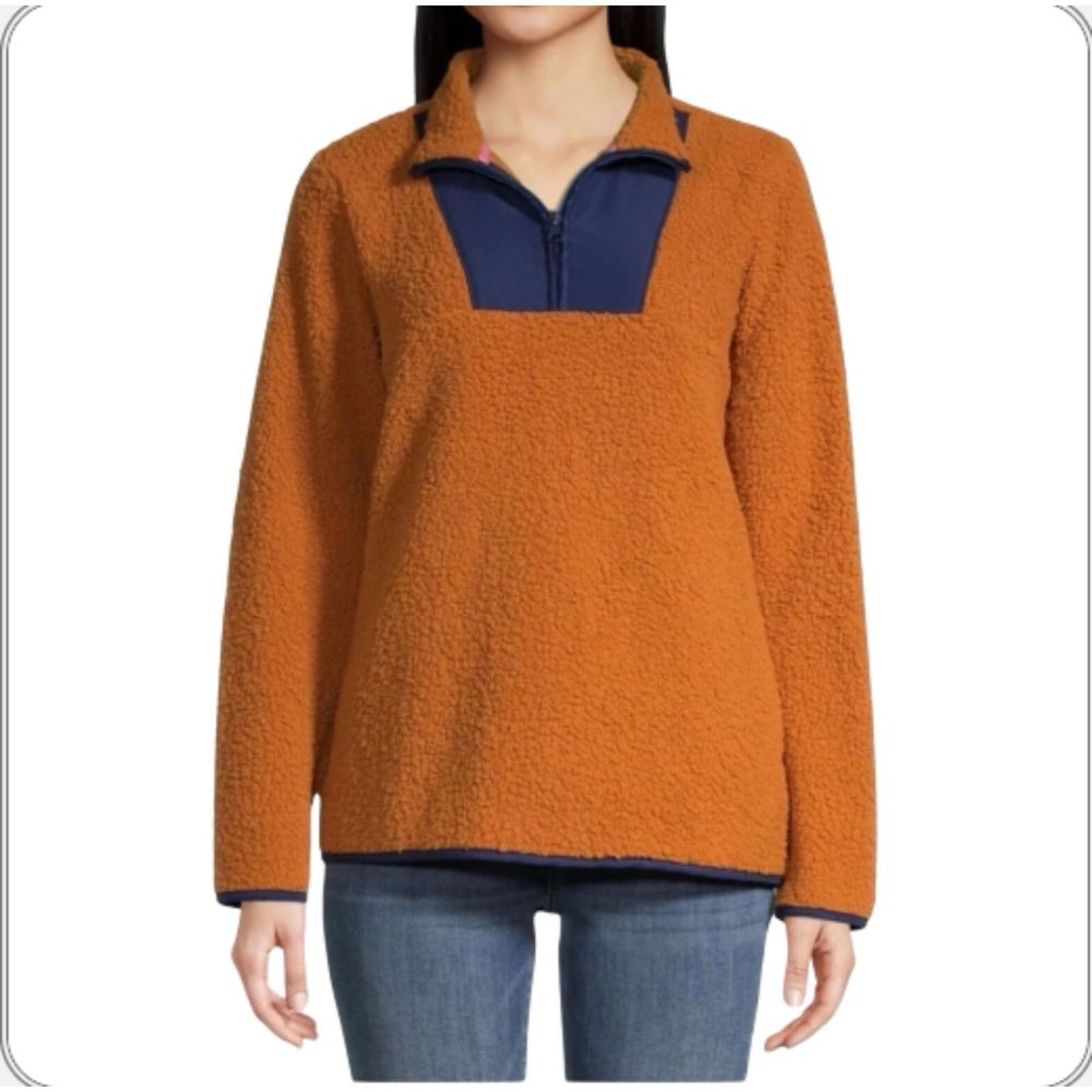 ST.JOHN'S BAY Women's Pecan Brown/Blue Faux Fur Collared Sherpa Pullover Jacket